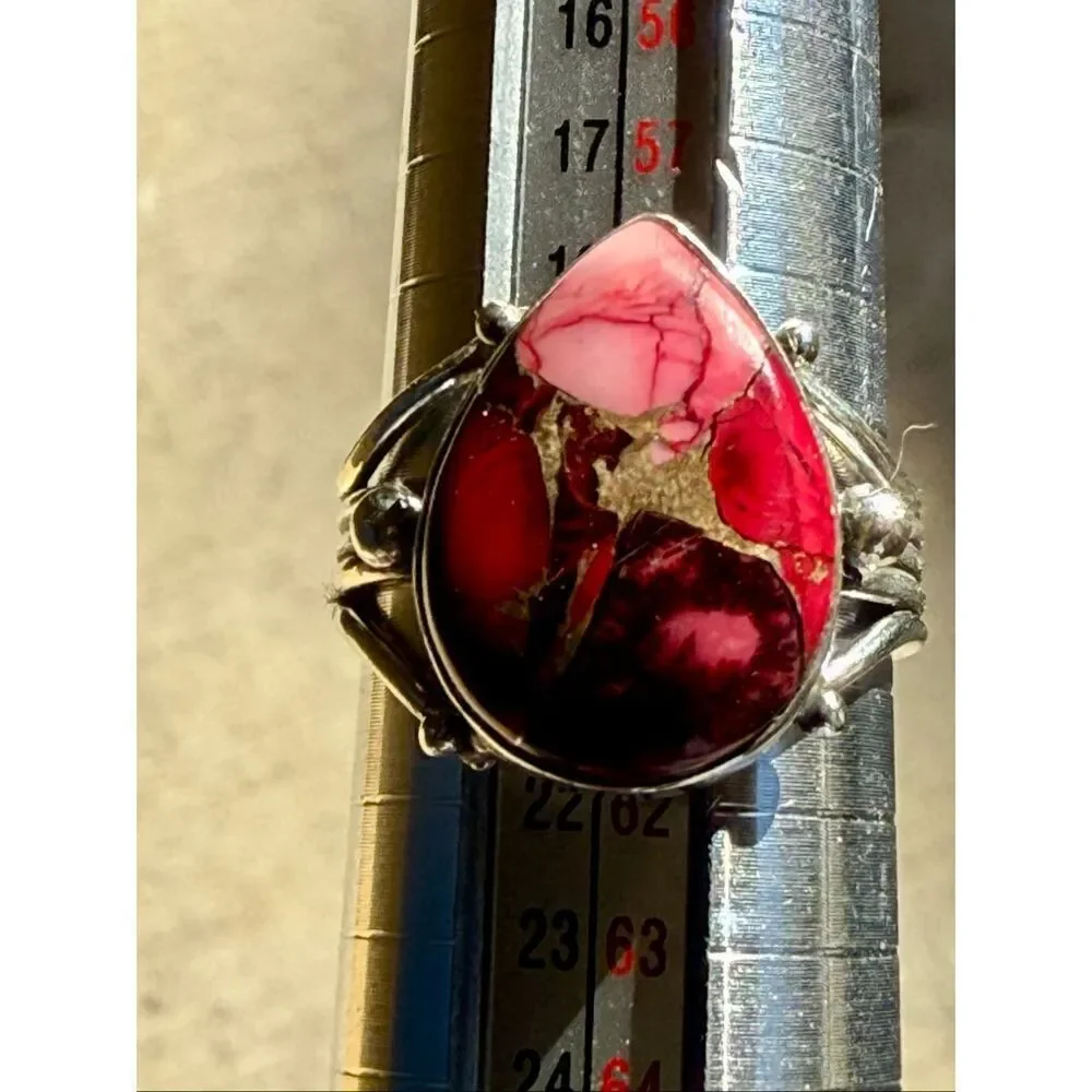 Southwestern Teardrop Red Rose Dahlia Turquoise Statement Ring Silver Size 6